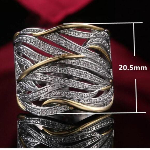 Silver Wide Band White Sapphire Gold Ring - Picture 4 of 16